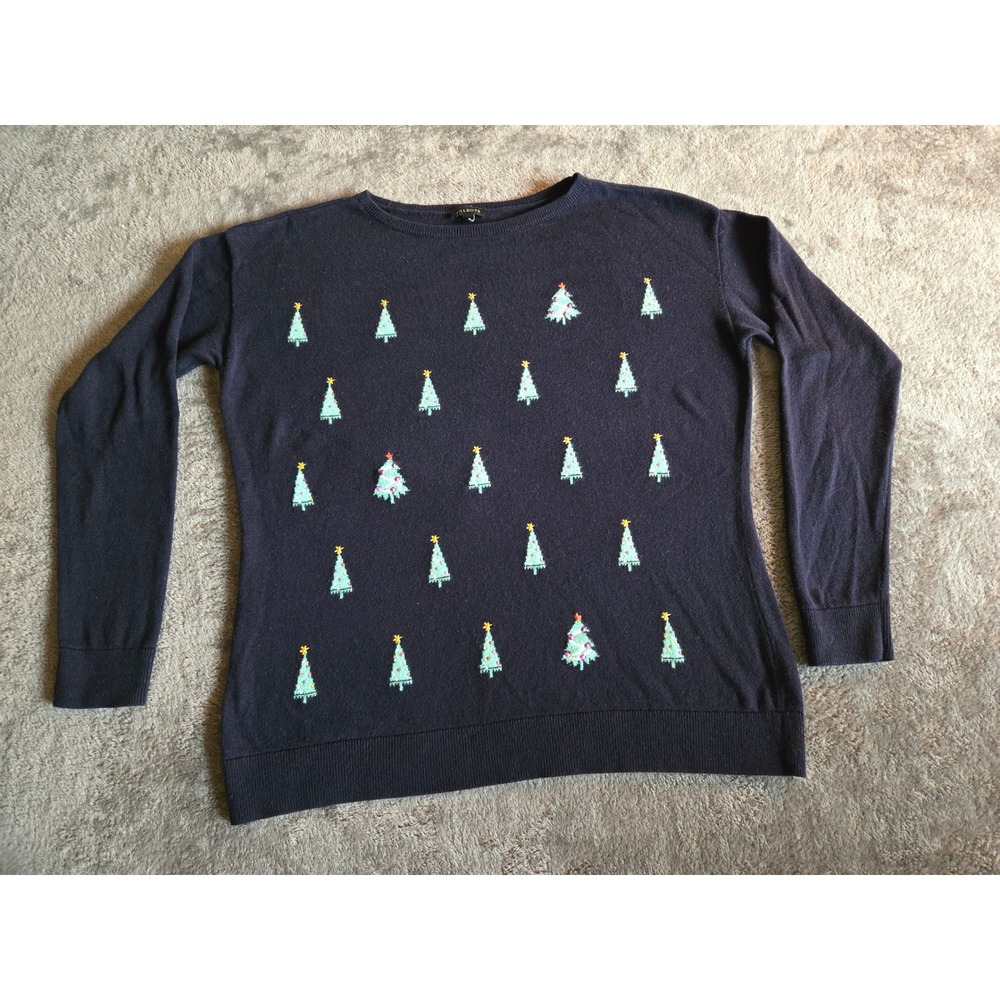 Talbots Sweater Women S Navy Blue Good Christmas Tree Embroidered Cashmere Blend